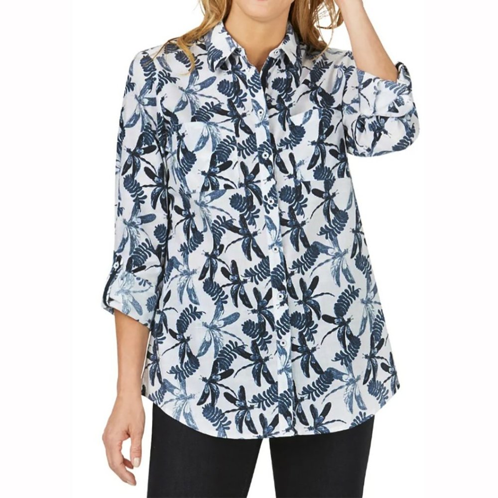 Foxcroft's Zoey Dragonfly print cotton slub button-down shirt